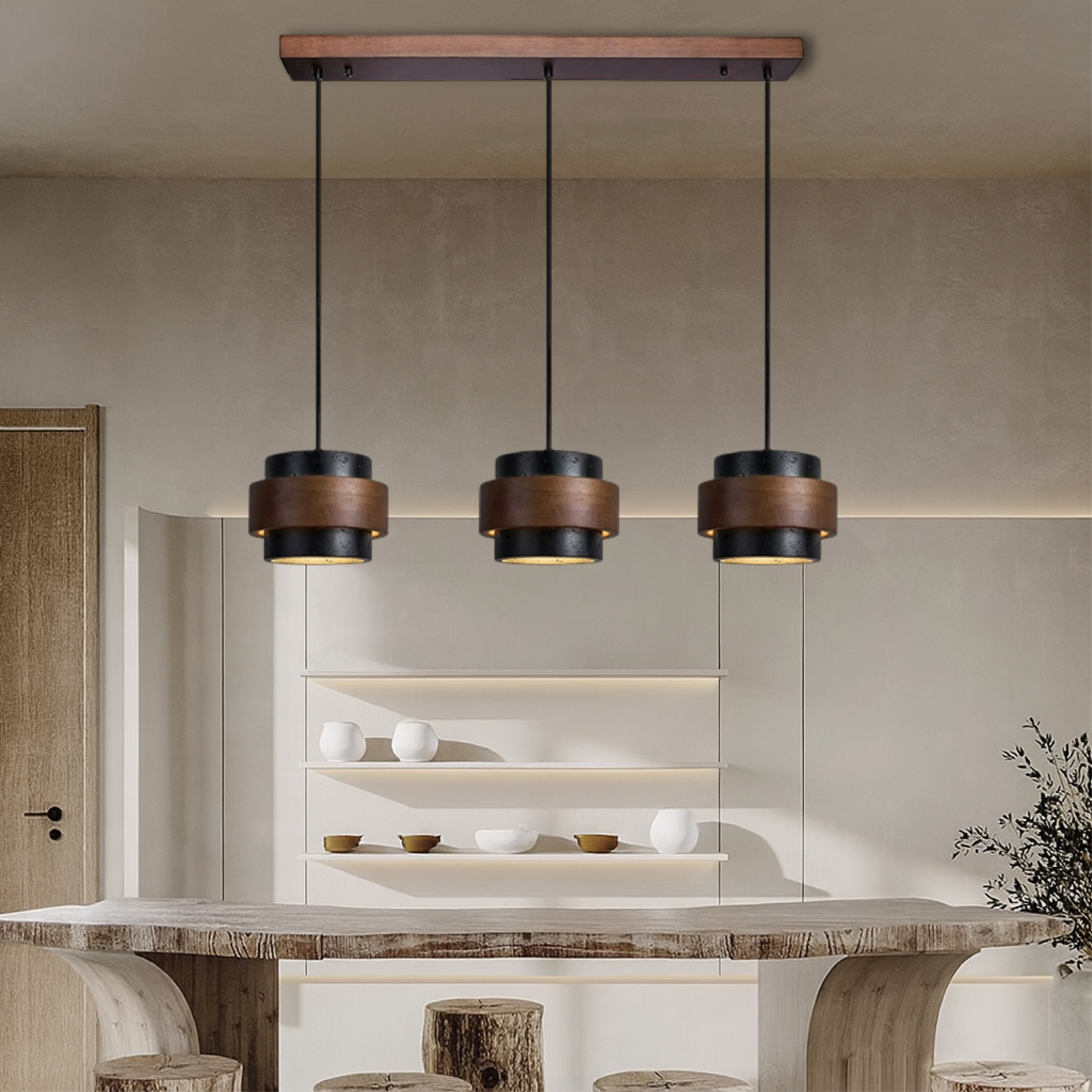 Lampa wisząca z 3 głowicami z czarnego trawertynu