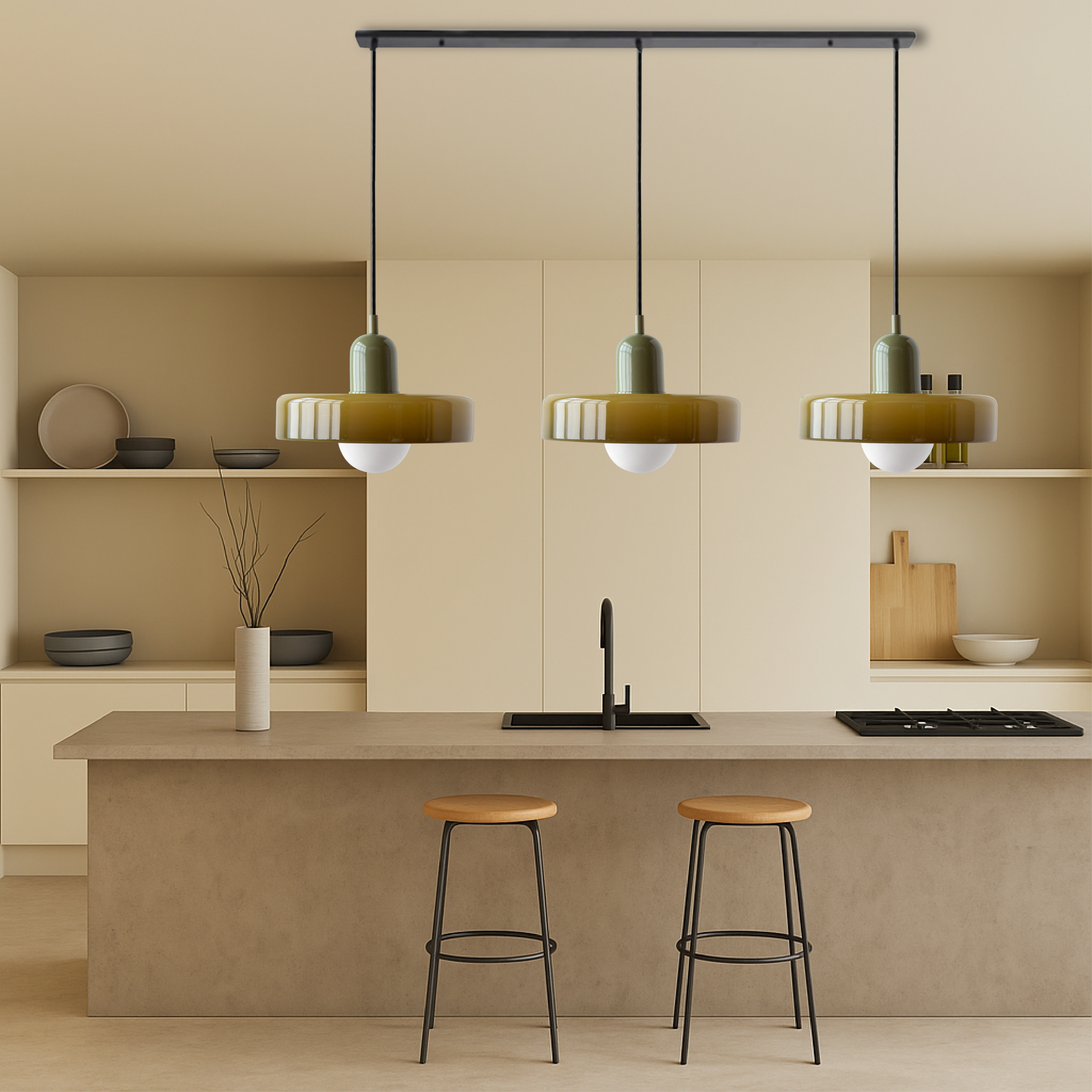 3-głowicowa lampa wisząca Bauhaus z kolorowego szkła