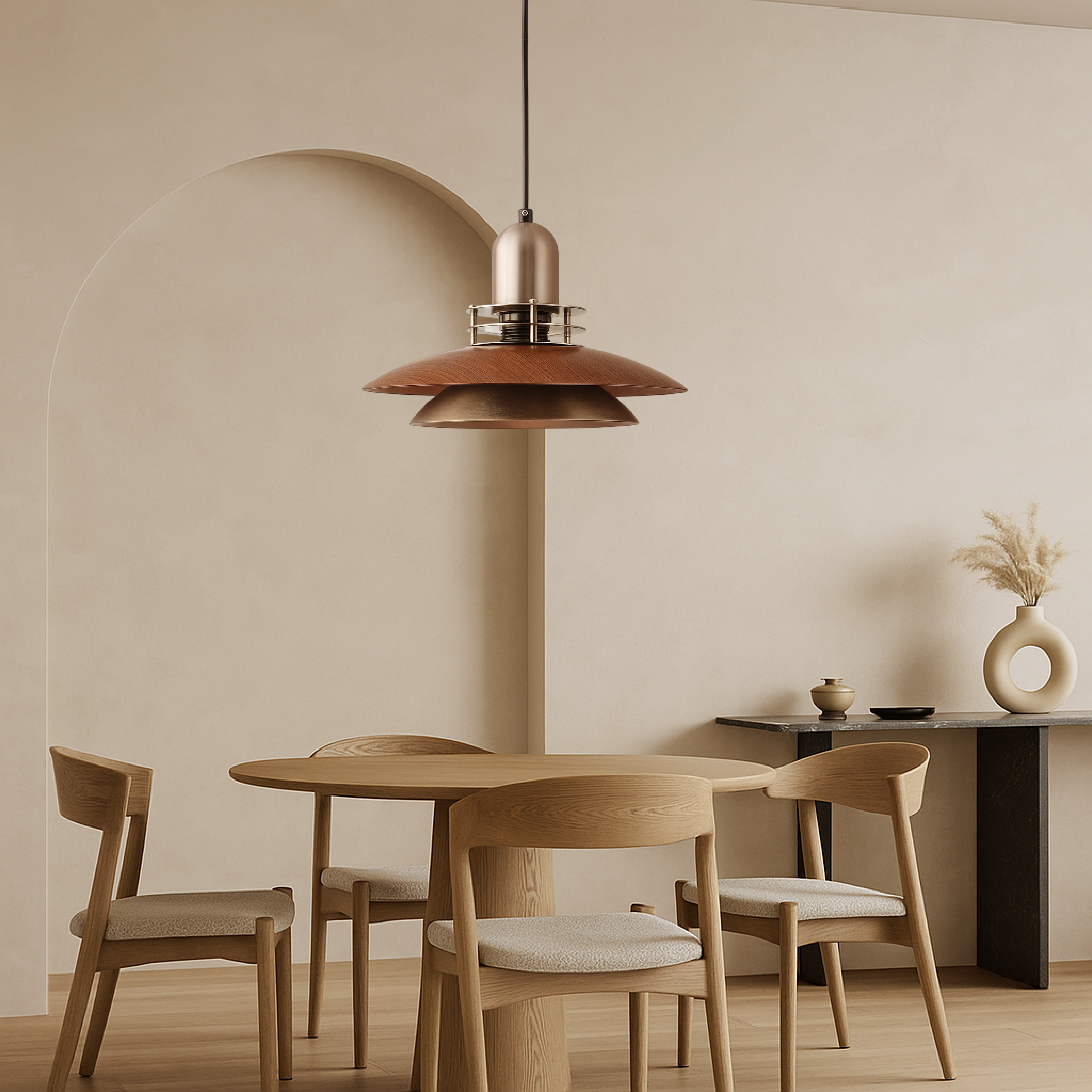 Lampa wisząca z warstwą drewna orzechowego