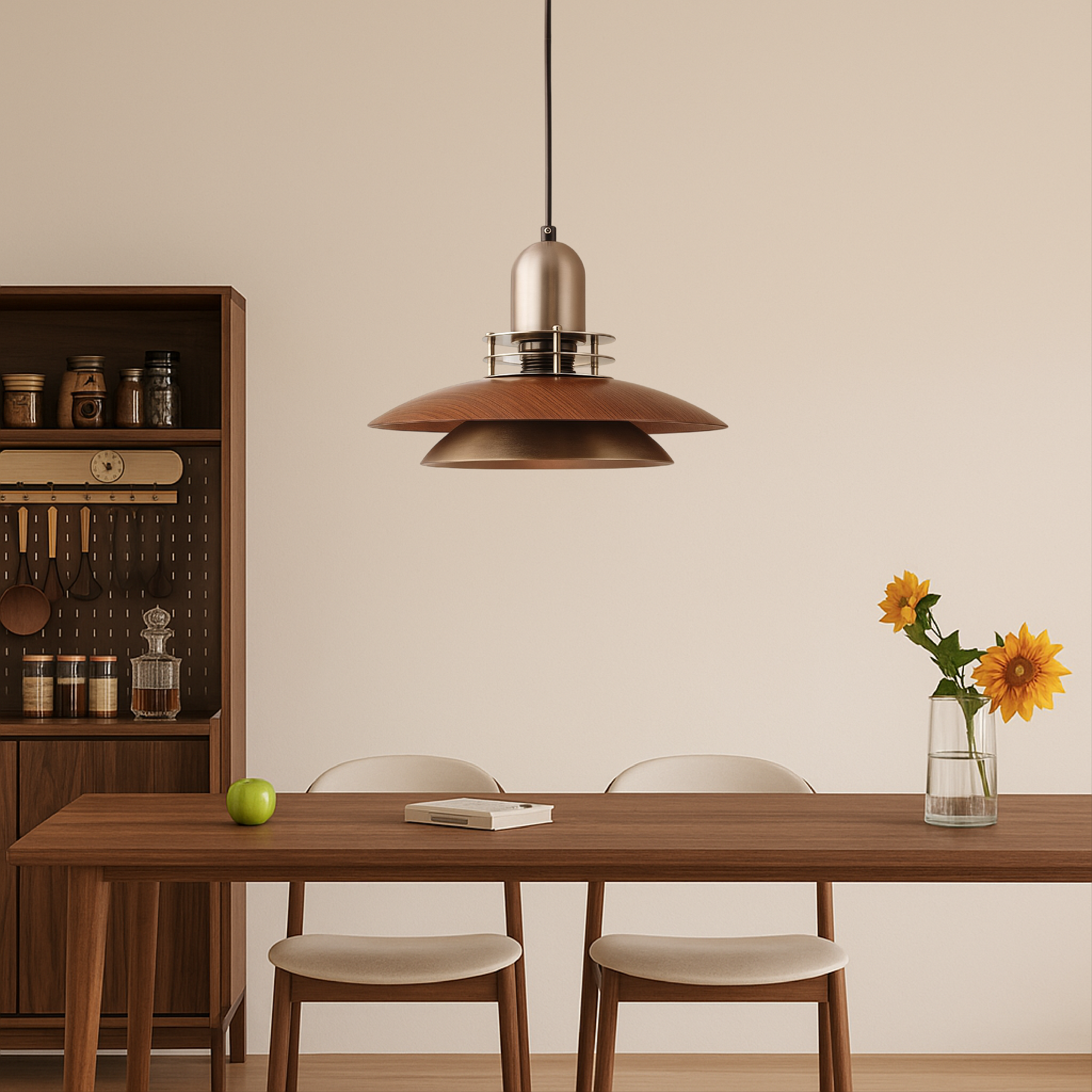 Lampa wisząca z warstwą drewna orzechowego